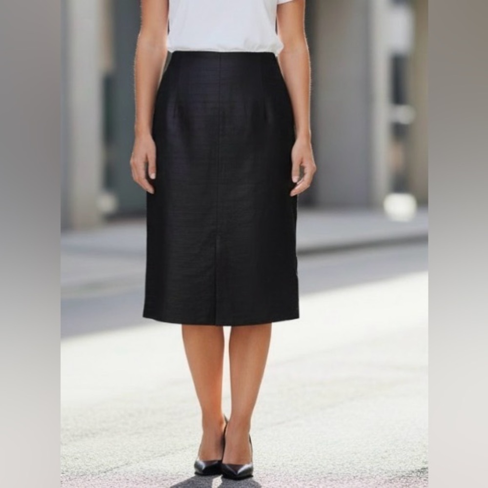 Jenne Maag 100% Silk Pencil Skirt Size 10 Black Front Slit Classic Career Church